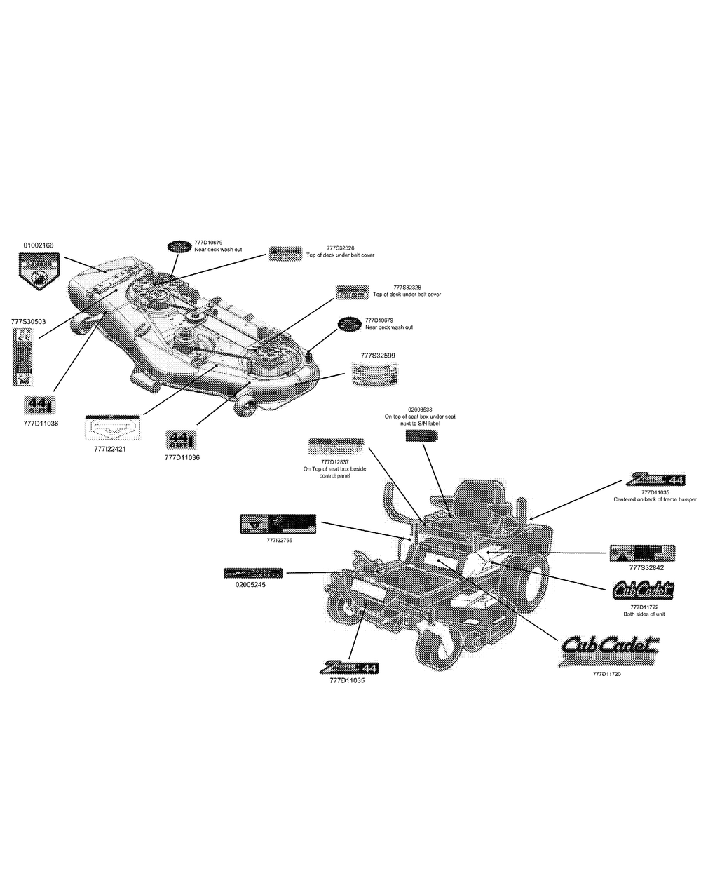 Decal Map 44 Diagram and Parts List for Z-FORCE44 17AF3AGL-17AF3AGL010 Cub Cadet Lawn Tractor